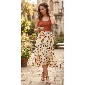 Anthropologie Porridge Bird Print Wrap Midi Skirt Sz Small Cream Multicolor